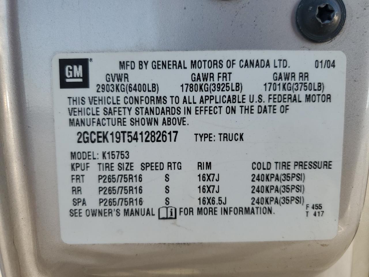 2004 Chevrolet Silverado K1500 VIN: 2GCEK19T541282617 Lot: 86087845