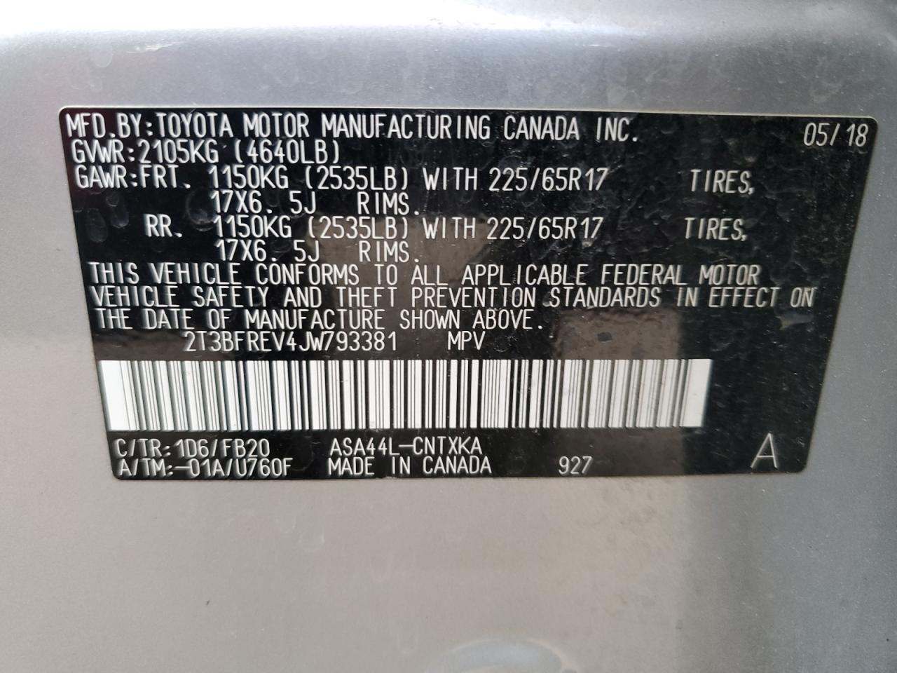 2018 Toyota Rav4 Le VIN: 2T3BFREV4JW793381 Lot: 85006775