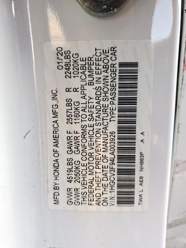 2020 Honda Accord Touring Hybrid VIN: 1HGCV3F94LA003926 Lot: 85309175