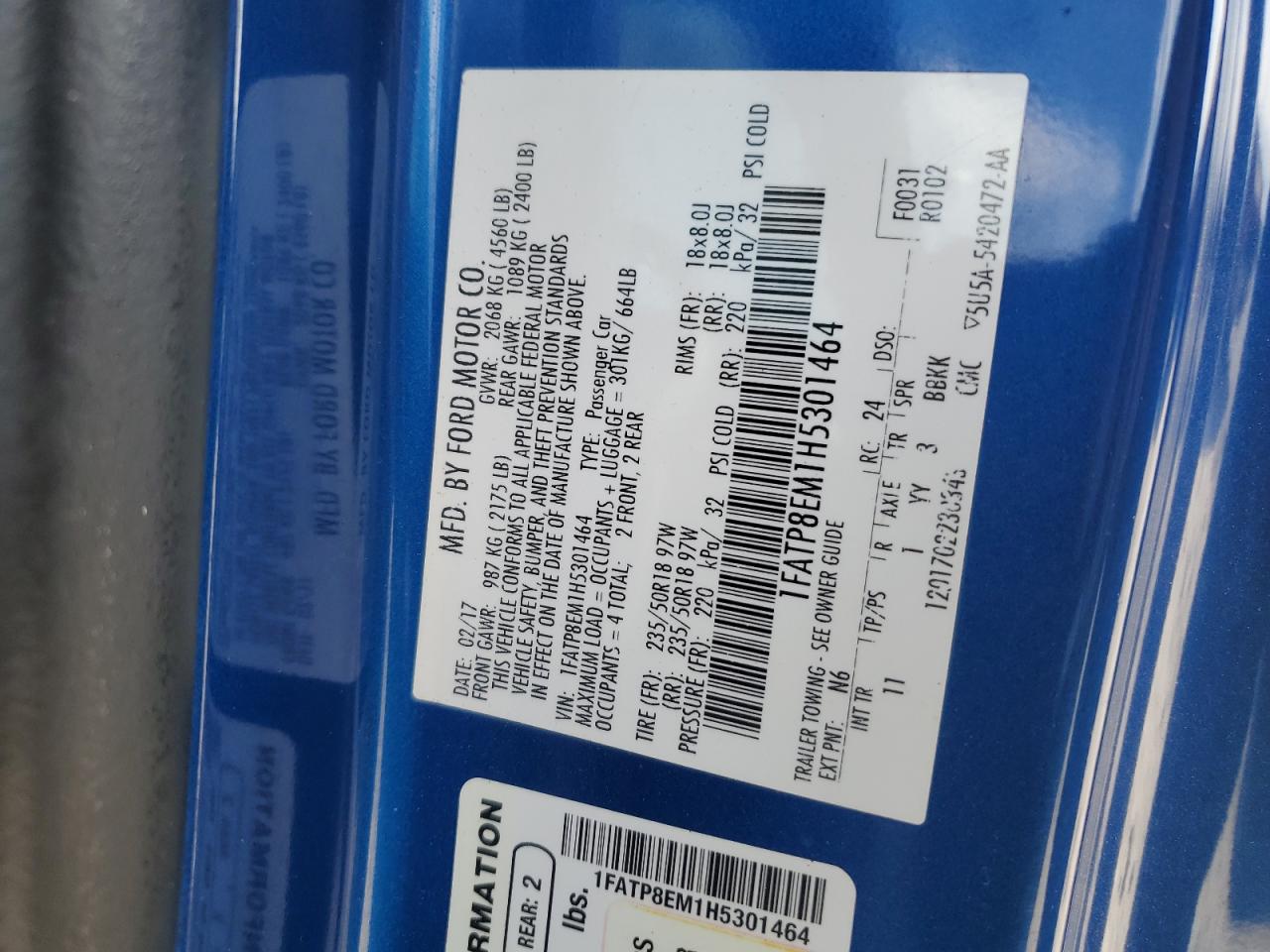 2017 Ford Mustang VIN: 1FATP8EM1H5301464 Lot: 85582155