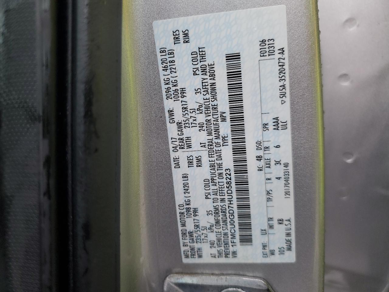 2017 Ford Escape Se VIN: 1FMCU0GD7HUD58223 Lot: 81789365