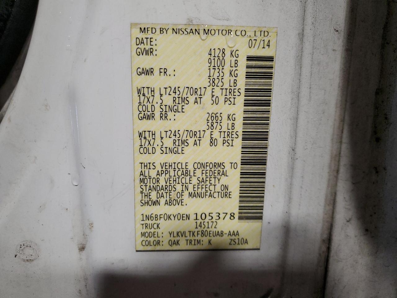 2014 Nissan Nv 1500 Van VIN: 1N6BF0KY0EN105378 Lot: 90404215