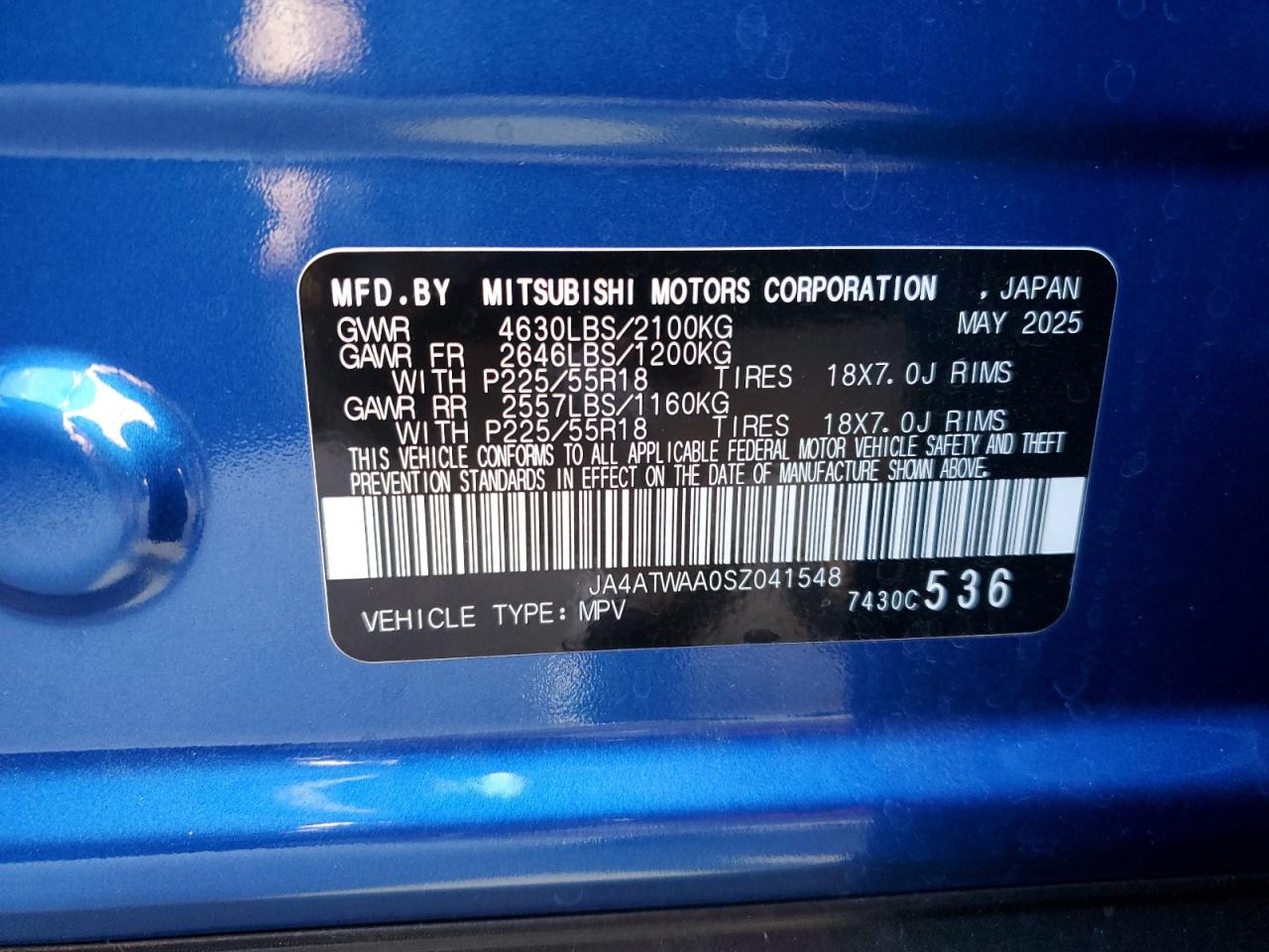 2025 Mitsubishi Eclipse Cross Se VIN: JA4ATWAA0SZ041548 Lot: 86886445