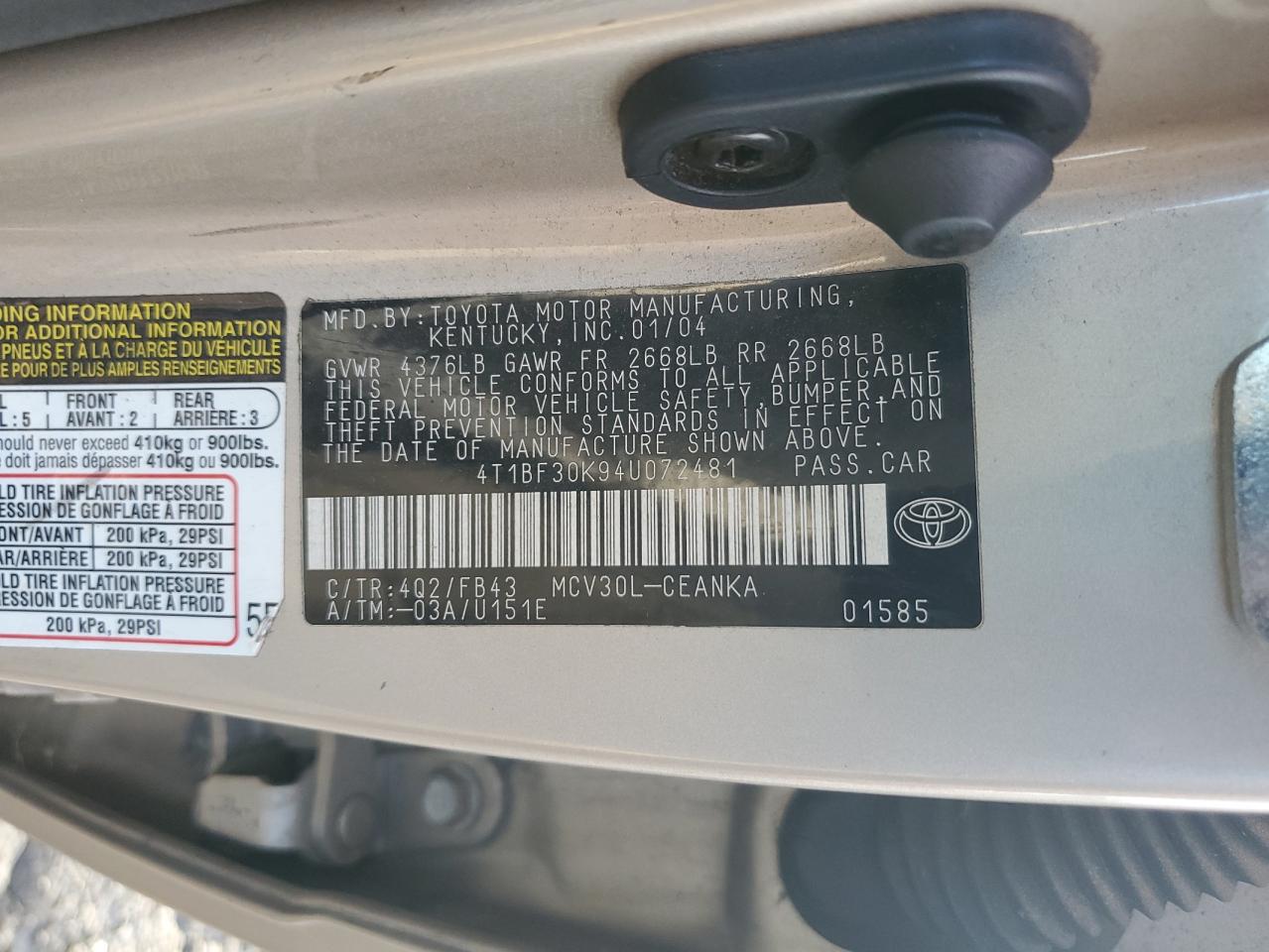 2004 Toyota Camry Le VIN: 4T1BF30K94U072481 Lot: 85060375