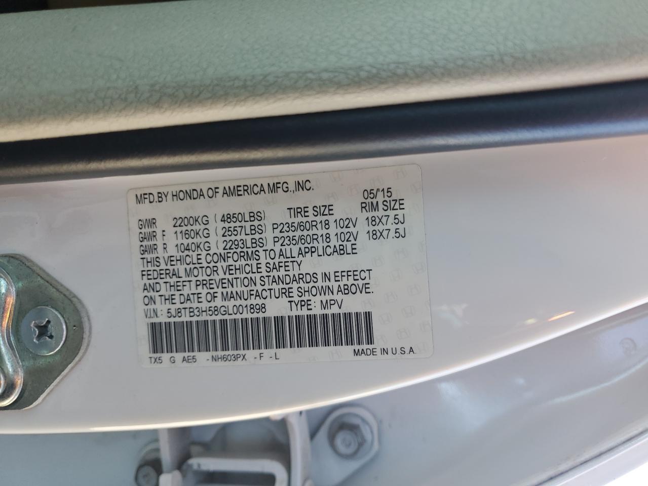 2016 Acura Rdx Technology VIN: 5J8TB3H58GL001898 Lot: 87085745