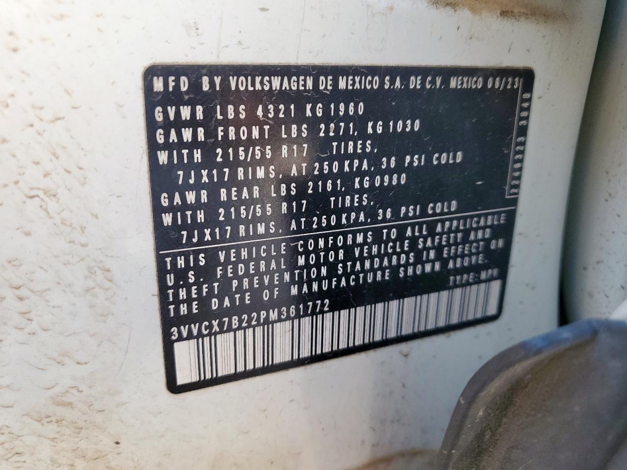 2023 Volkswagen Taos S VIN: 3VVCX7B22PM361772 Lot: 85291025