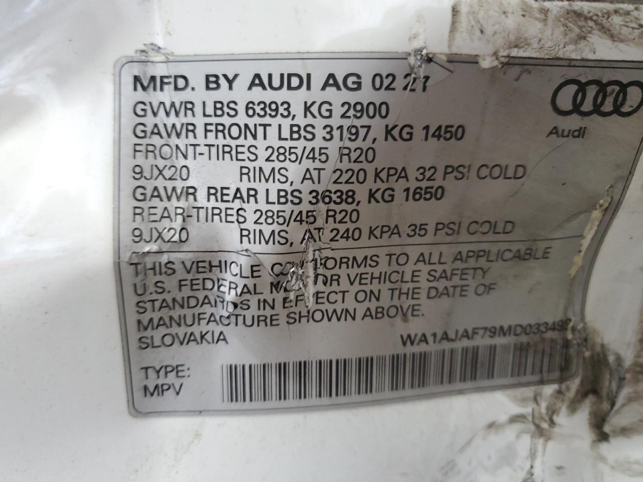 2021 Audi Q7 Premium VIN: WA1AJAF79MD033499 Lot: 89908495