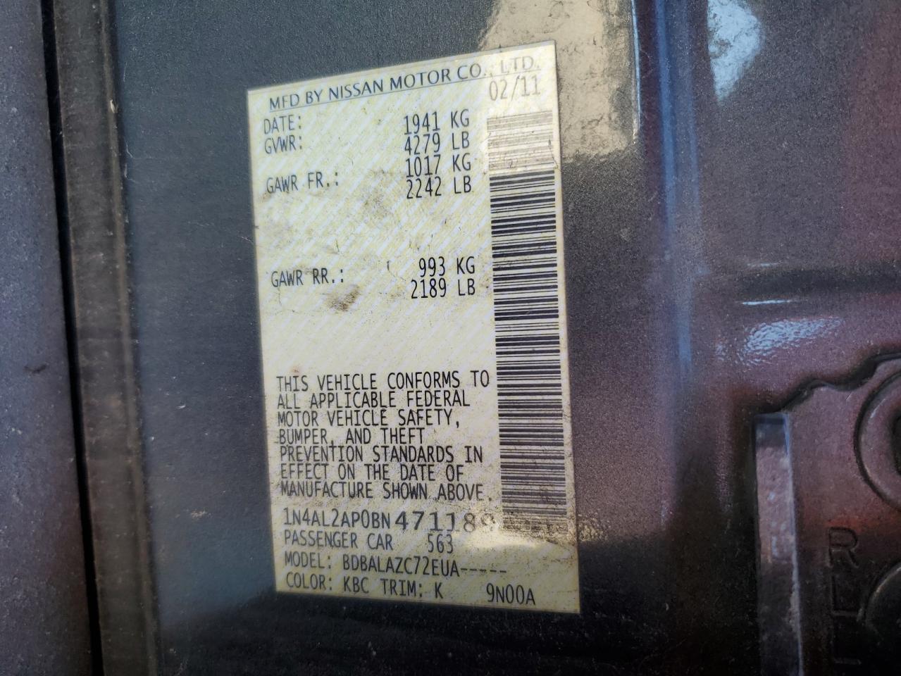 2011 Nissan Altima Base VIN: 1N4AL2AP0BN471189 Lot: 90849025