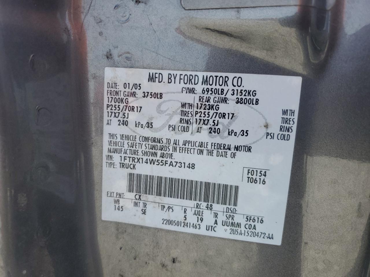 2005 Ford F150 VIN: 1FTRX14W55FA73148 Lot: 81914185