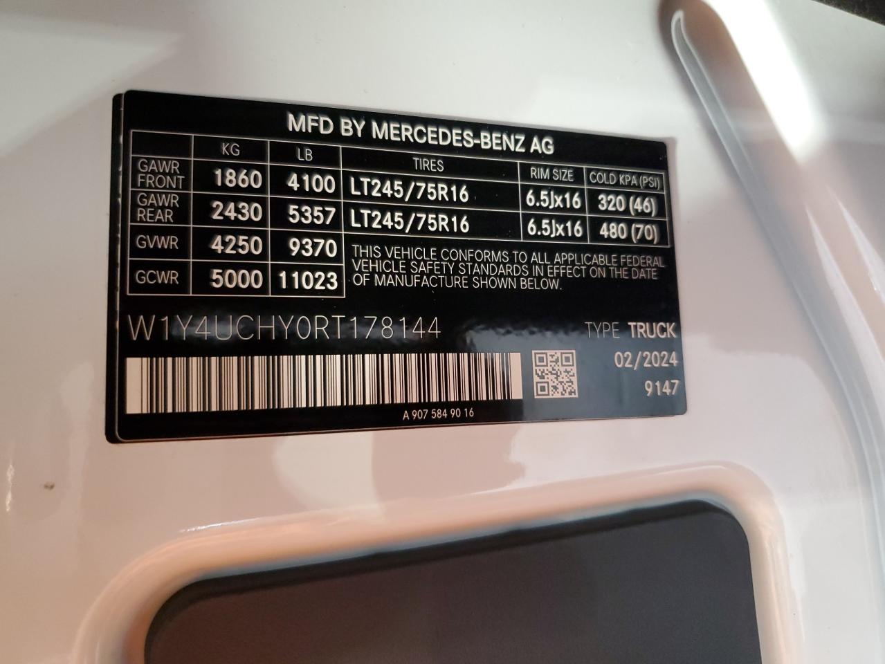 2024 Mercedes-Benz Esprinter 2500 VIN: W1Y4UCHY0RT178144 Lot: 81981955