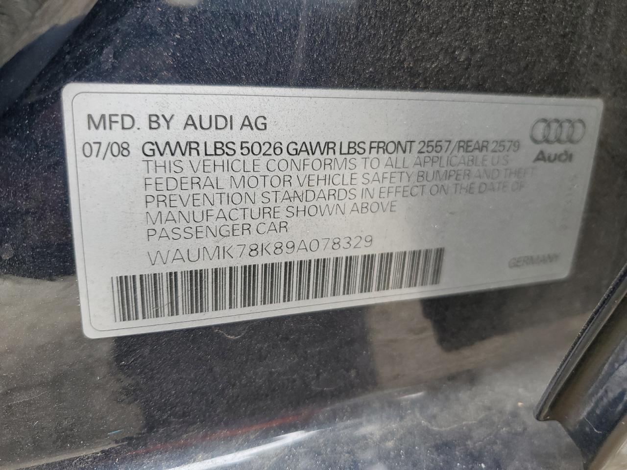 2009 Audi A4 Prestige VIN: WAUMK78K89A078329 Lot: 86150765