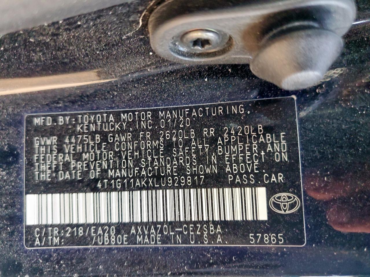 2020 Toyota Camry Se VIN: 4T1G11AKXLU929817 Lot: 85582425