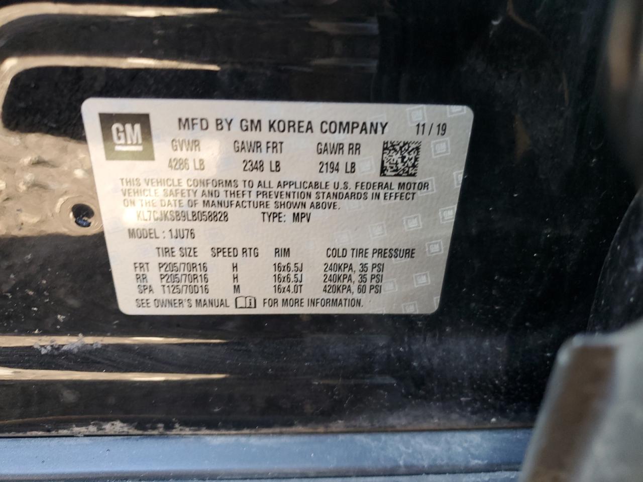 2020 Chevrolet Trax Ls VIN: KL7CJKSB9LB058828 Lot: 90240845