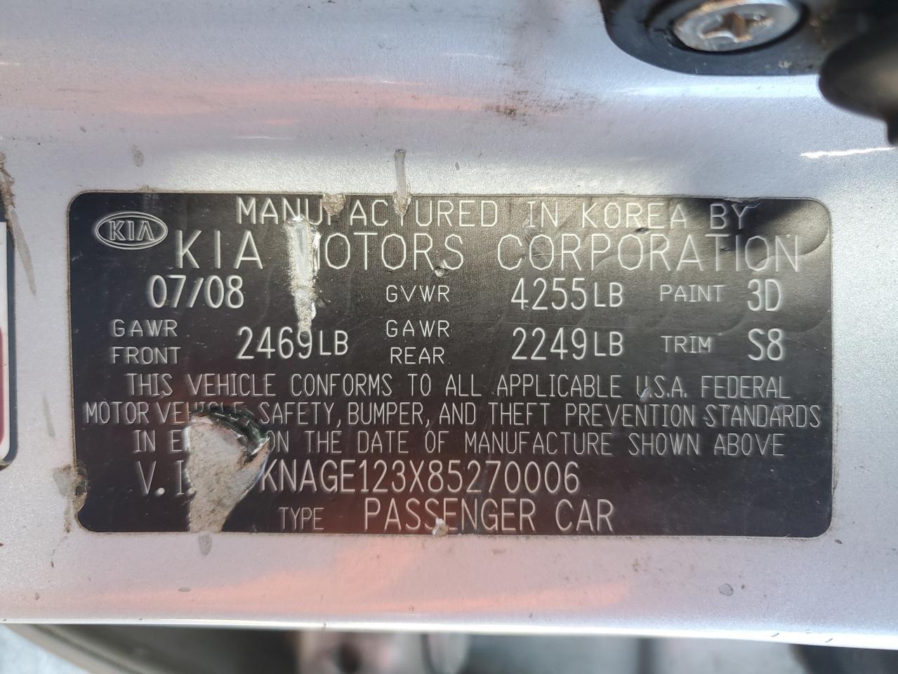 2008 Kia Optima Lx VIN: KNAGE123X85270006 Lot: 89889975