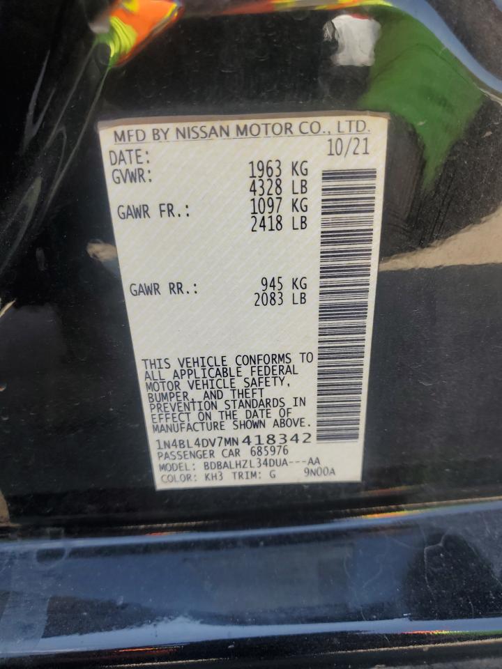 2021 Nissan Altima Sv VIN: 1N4BL4DV7MN418342 Lot: 85324655