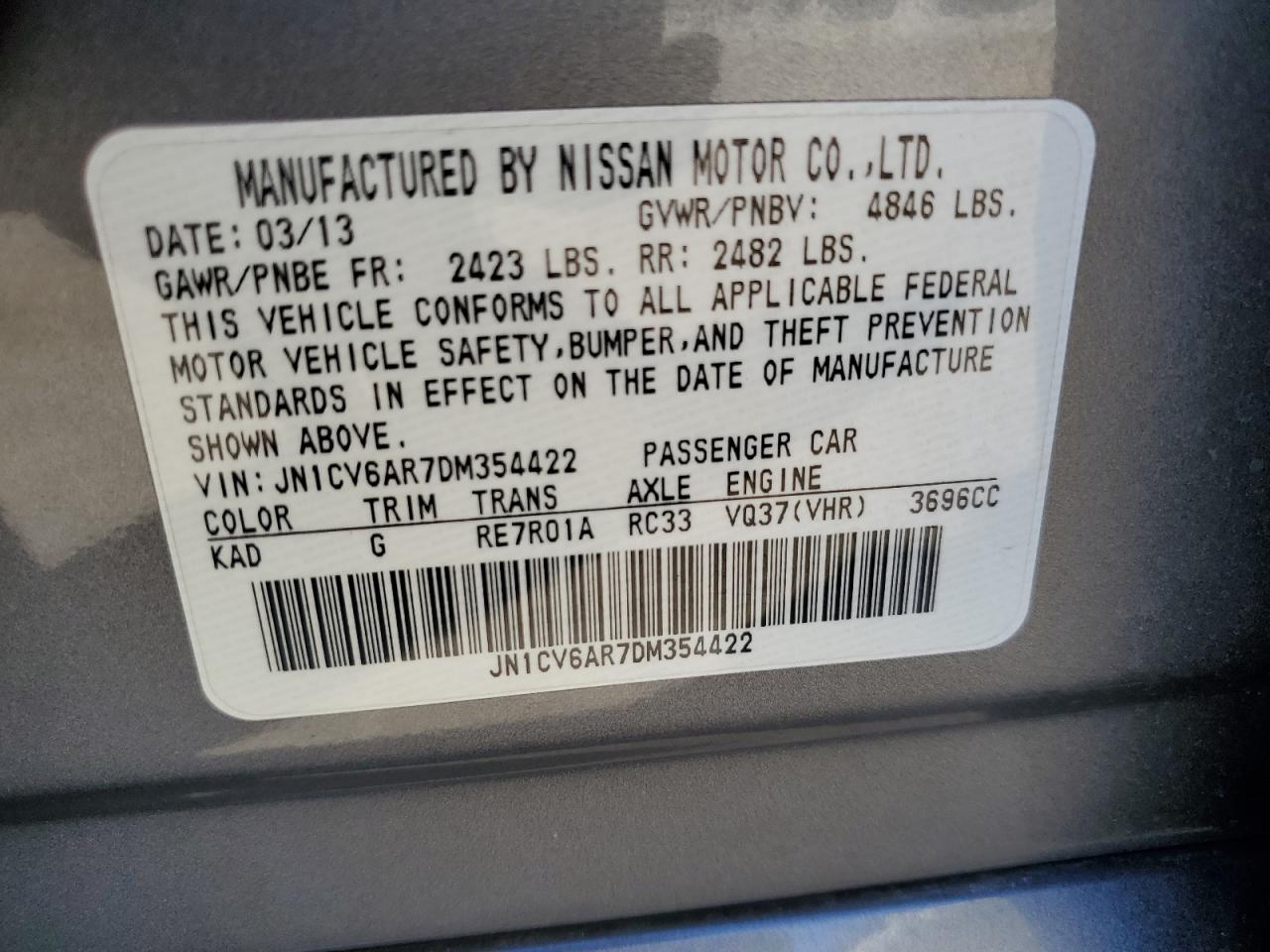 2013 Infiniti G37 VIN: JN1CV6AR7DM354422 Lot: 85346735