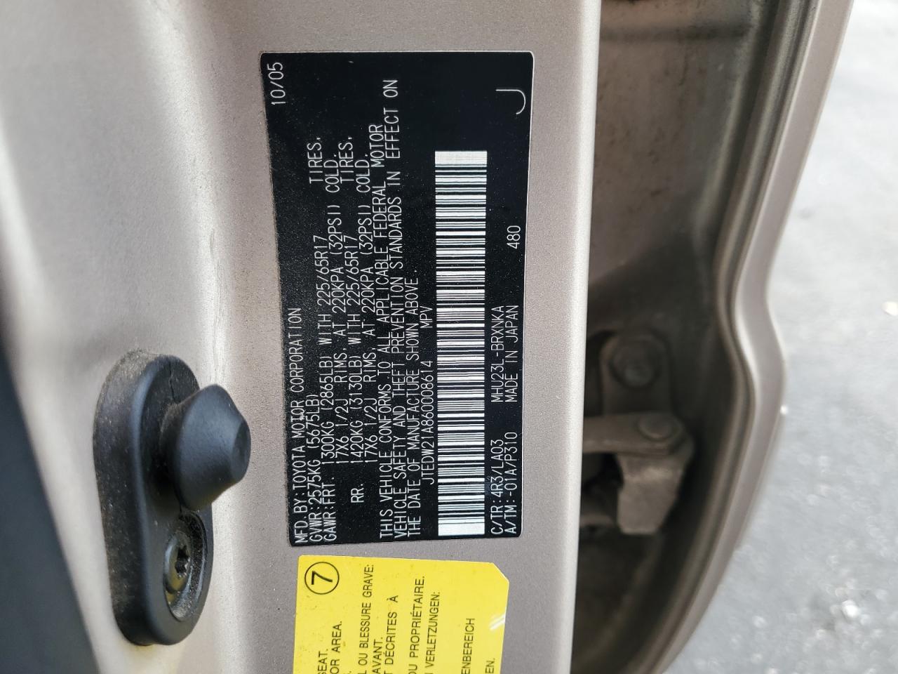 2006 Toyota Highlander Hybrid VIN: JTEDW21A860008614 Lot: 86070715