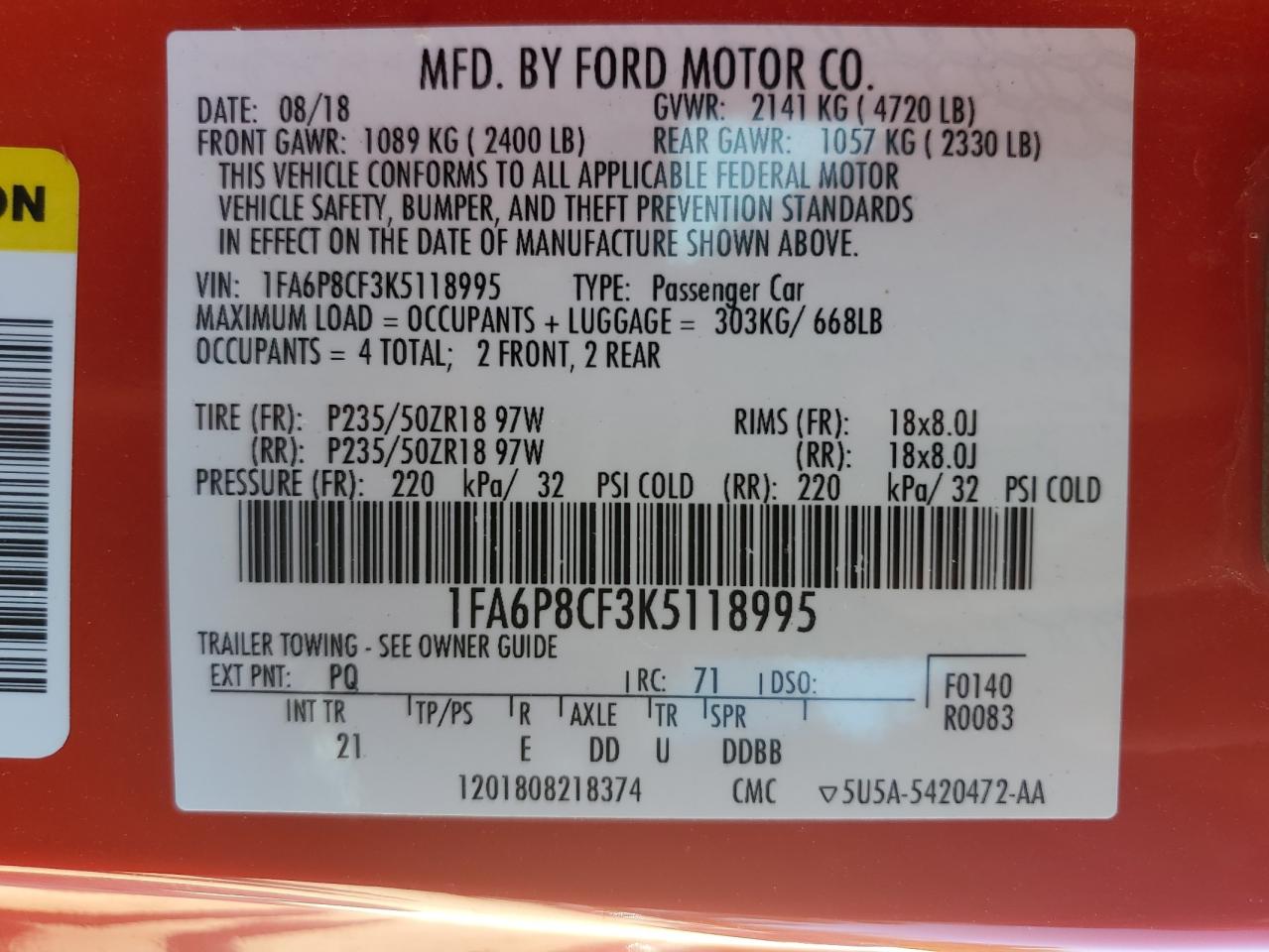 2019 Ford Mustang Gt VIN: 1FA6P8CF3K5118995 Lot: 84606385