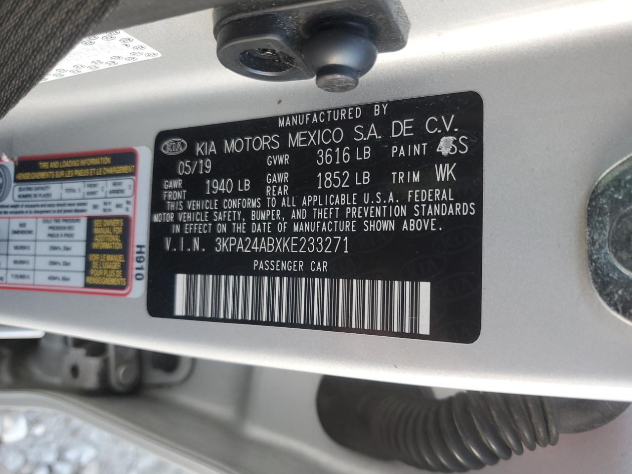 2019 Kia Rio S VIN: 3KPA24ABXKE233271 Lot: 86544495