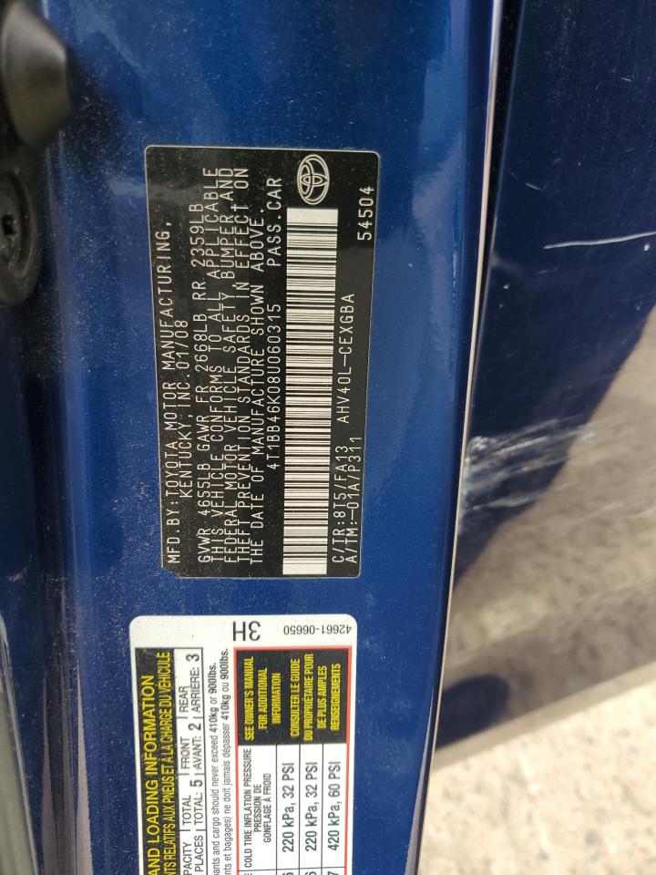 2008 Toyota Camry Hybrid VIN: 4T1BB46K08U060315 Lot: 86616585