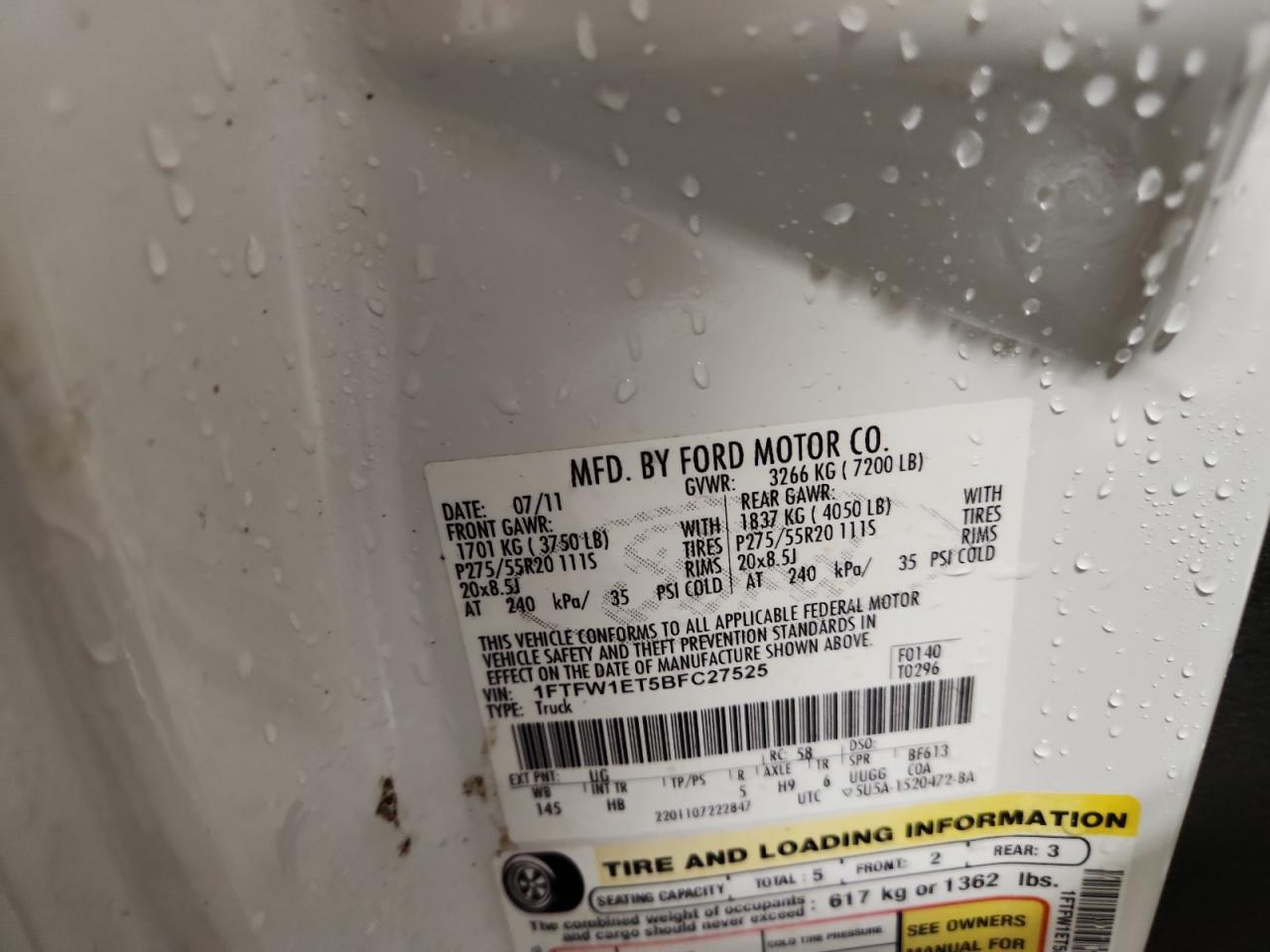 2011 Ford F150 Supercrew VIN: 1FTFW1ET5BFC27525 Lot: 90065105
