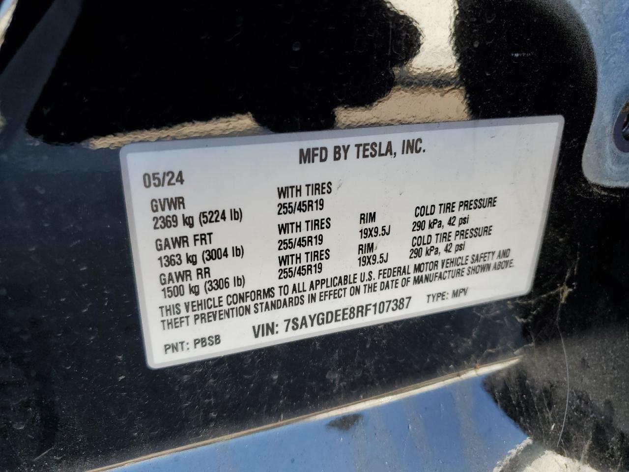 2024 Tesla Model Y VIN: 7SAYGDEE8RF107387 Lot: 90515795