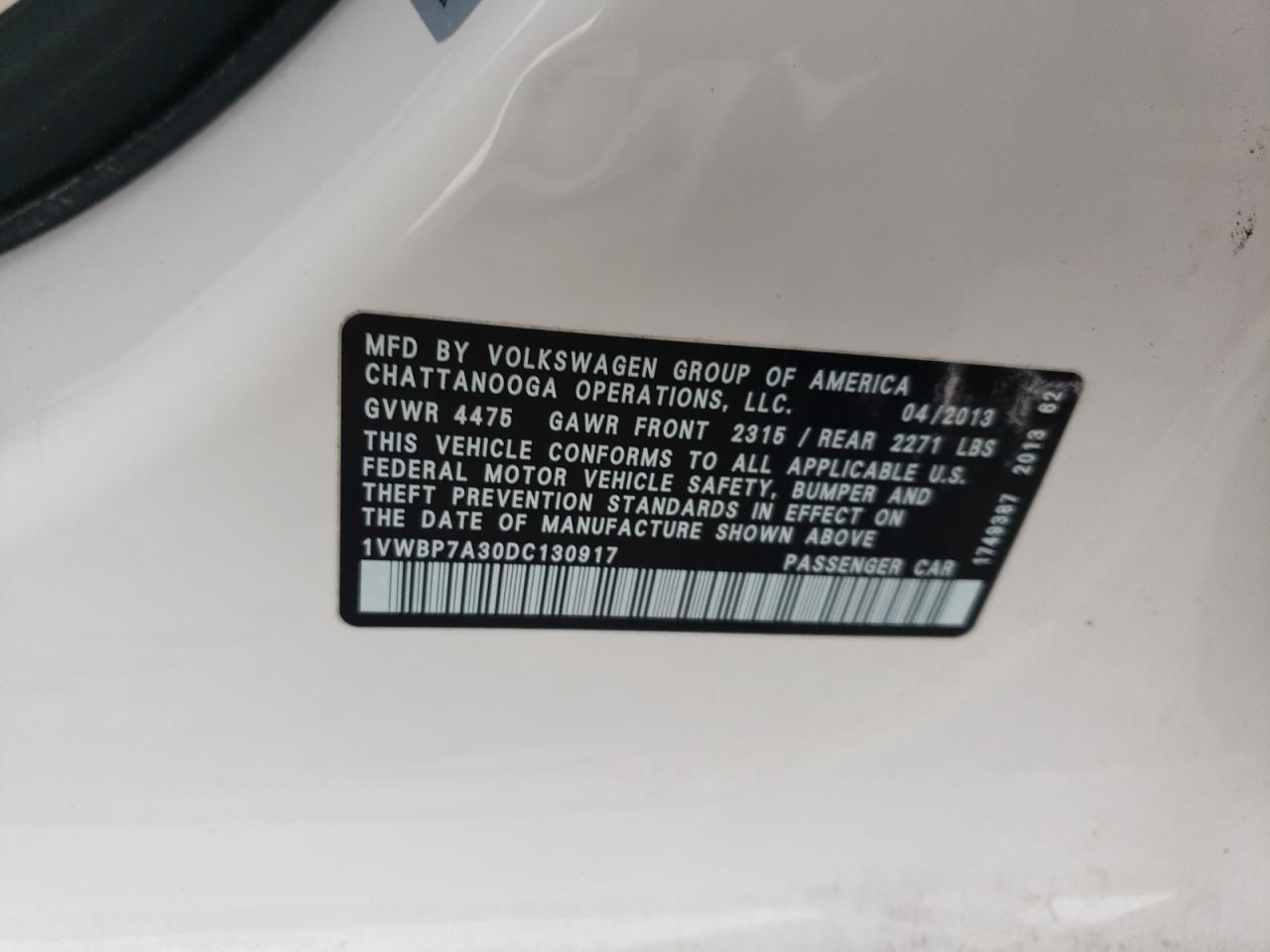 2013 Volkswagen Passat Se VIN: 1VWBP7A30DC130917 Lot: 85177705