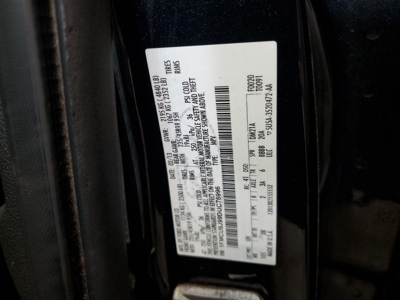 2013 Ford Escape Titanium VIN: 1FMCU9J99DUC76996 Lot: 81945495