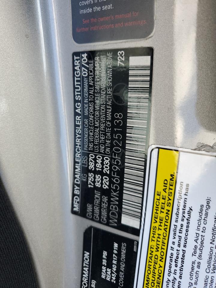 2005 Mercedes-Benz Slk 350 VIN: WDBWK56F95F025138 Lot: 82448585