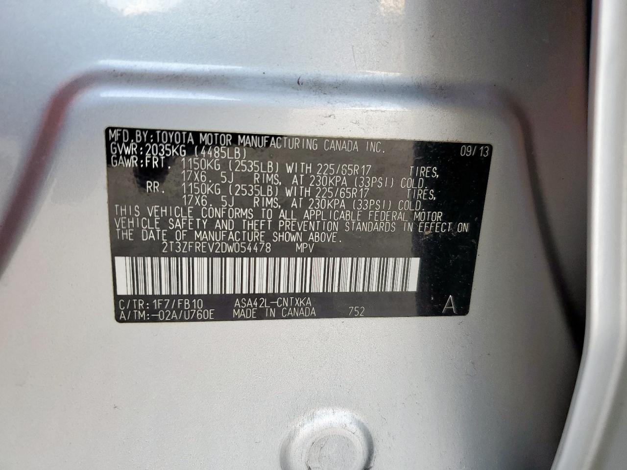 2013 Toyota Rav4 Le VIN: 2T3ZFREV2DW054478 Lot: 85132635