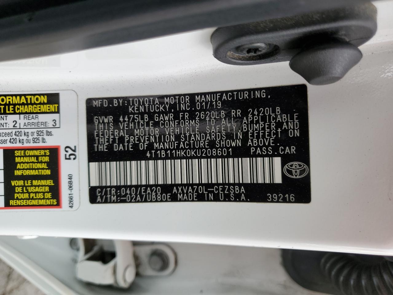 2019 Toyota Camry L VIN: 4T1B11HK0KU208601 Lot: 85926285