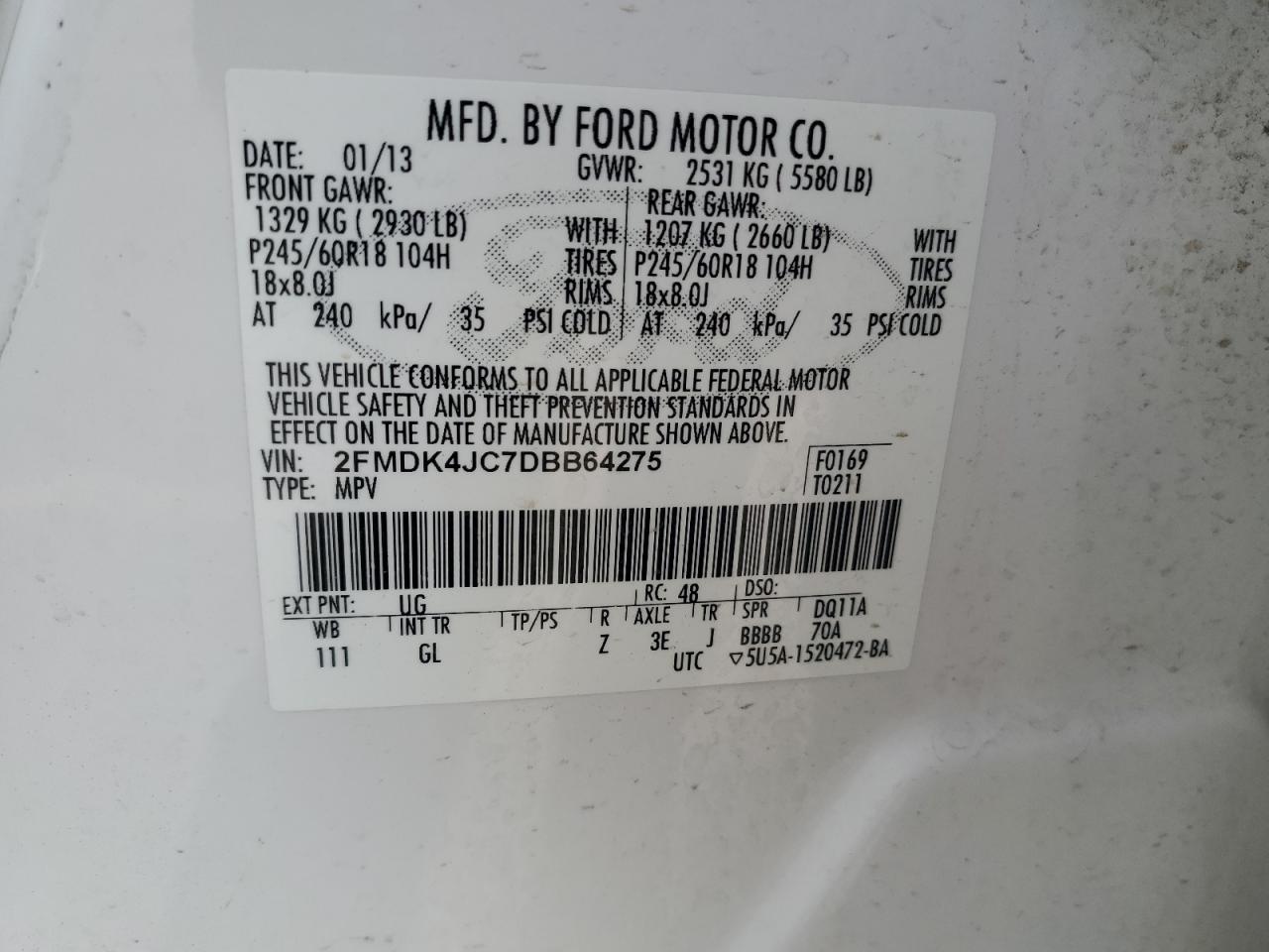 2013 Ford Edge Sel VIN: 2FMDK4JC7DBB64275 Lot: 84259405