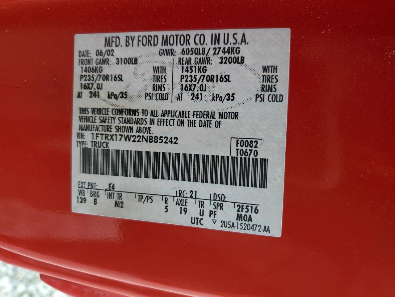 2002 Ford F150 VIN: 1FTRX17W22NB85242 Lot: 90327025