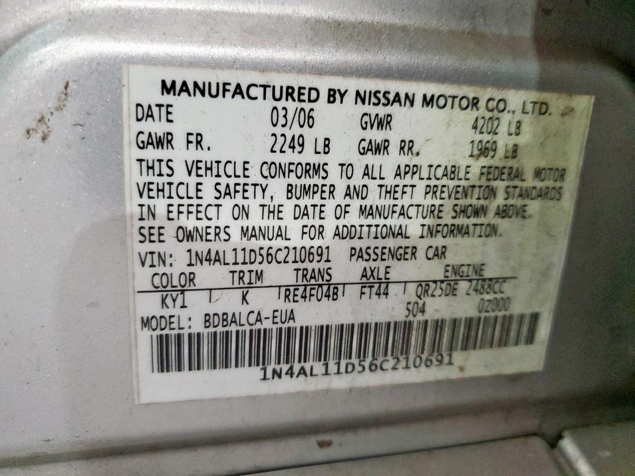 2006 Nissan Altima S VIN: 1N4AL11D56C210691 Lot: 82279315