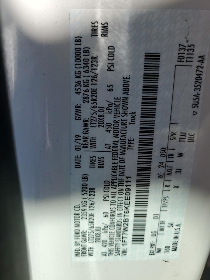 2019 Ford F250 Super Duty VIN: 1FT7W2BT6KEE09111 Lot: 69870255