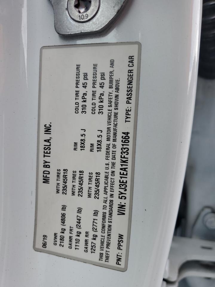 2019 Tesla Model 3 VIN: 5YJ3E1EA1KF331664 Lot: 85696475