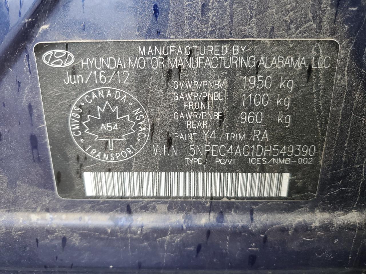 2013 Hyundai Sonata Se VIN: 5NPEC4AC1DH549390 Lot: 80627305