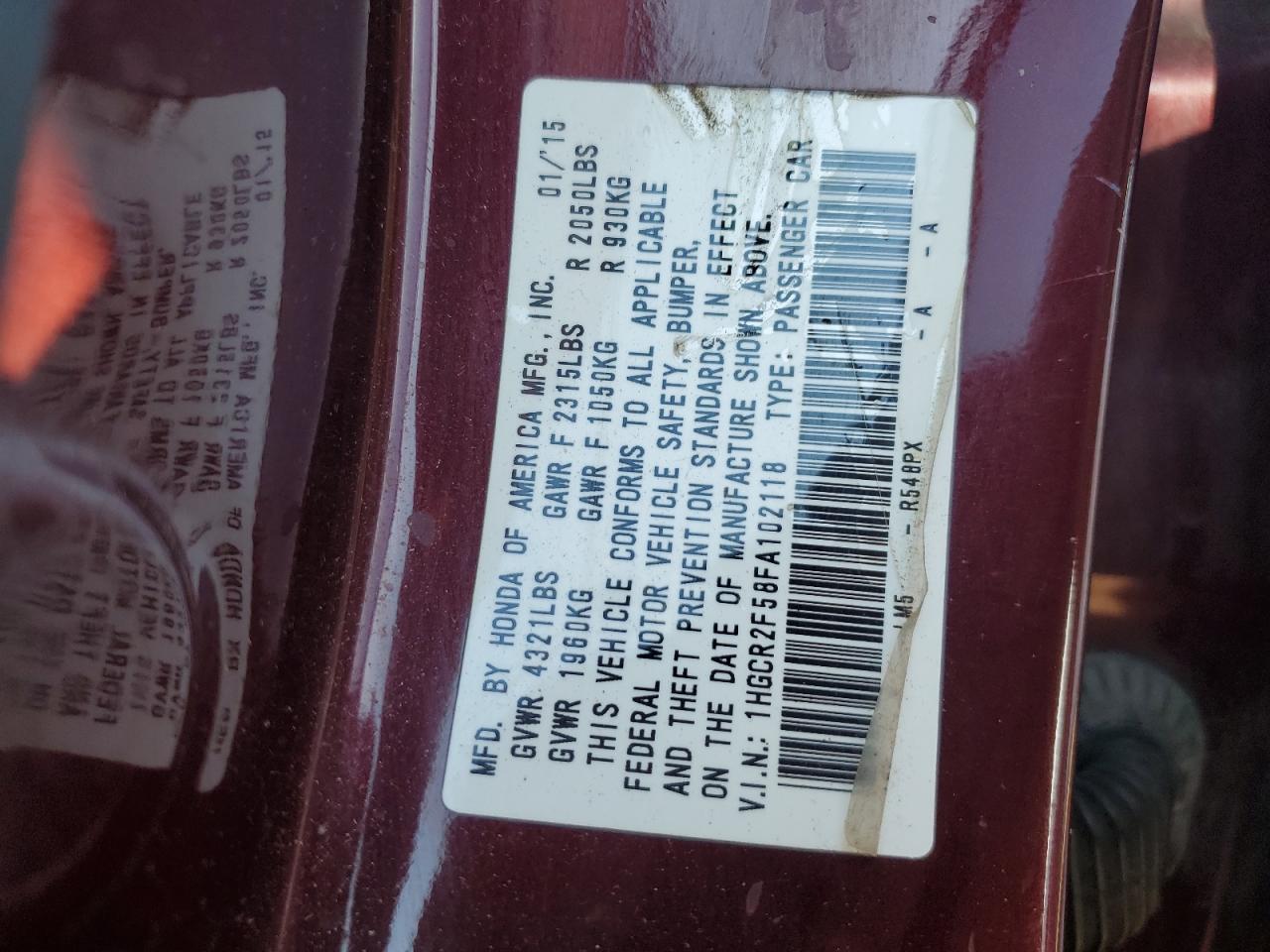 2015 Honda Accord Sport VIN: 1HGCR2F58FA102118 Lot: 86183785