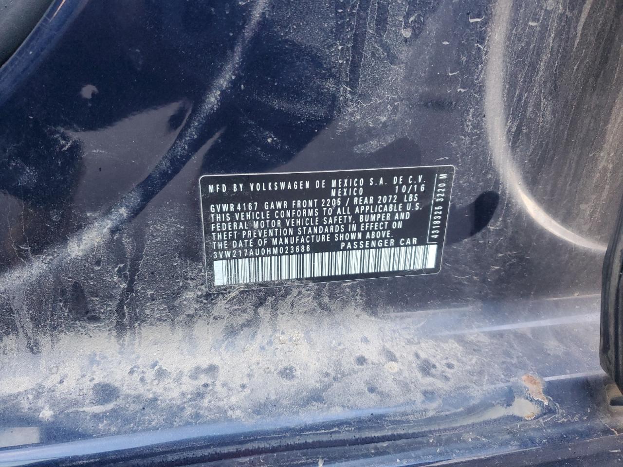 2017 Volkswagen Golf S VIN: 3VW217AU0HM023686 Lot: 89664355