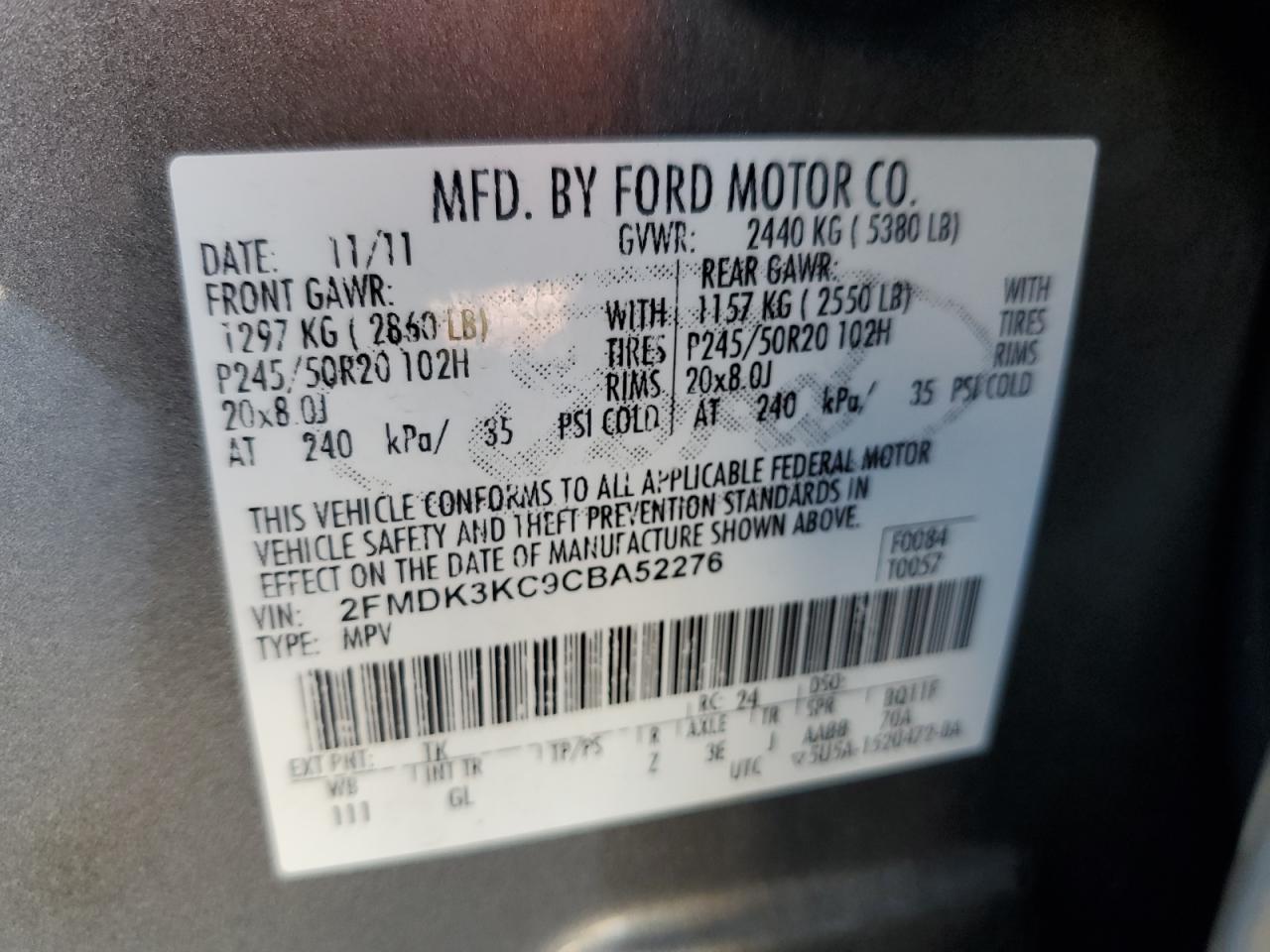 2012 Ford Edge Limited VIN: 2FMDK3KC9CBA52276 Lot: 84761195