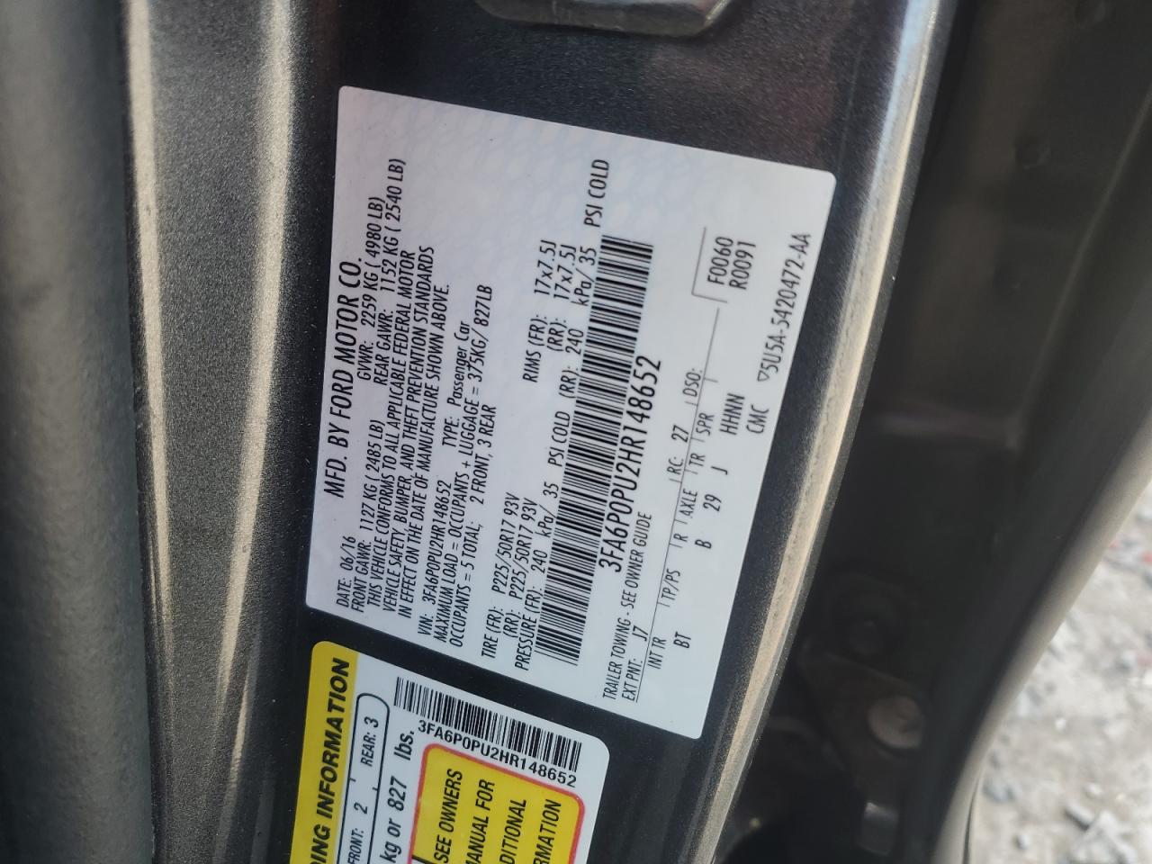 2017 Ford Fusion Se Phev VIN: 3FA6P0PU2HR148652 Lot: 82772285