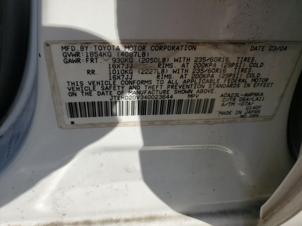 2004 Toyota Rav4 VIN: JTEHD20V340023644 Lot: 89793765
