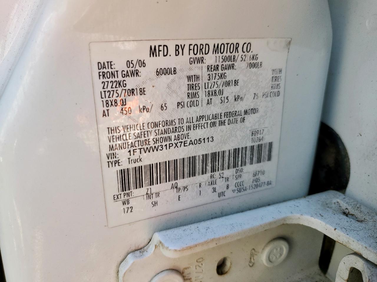 2007 Ford F350 Srw Super Duty VIN: 1FTWW31PX7EA05113 Lot: 85524895