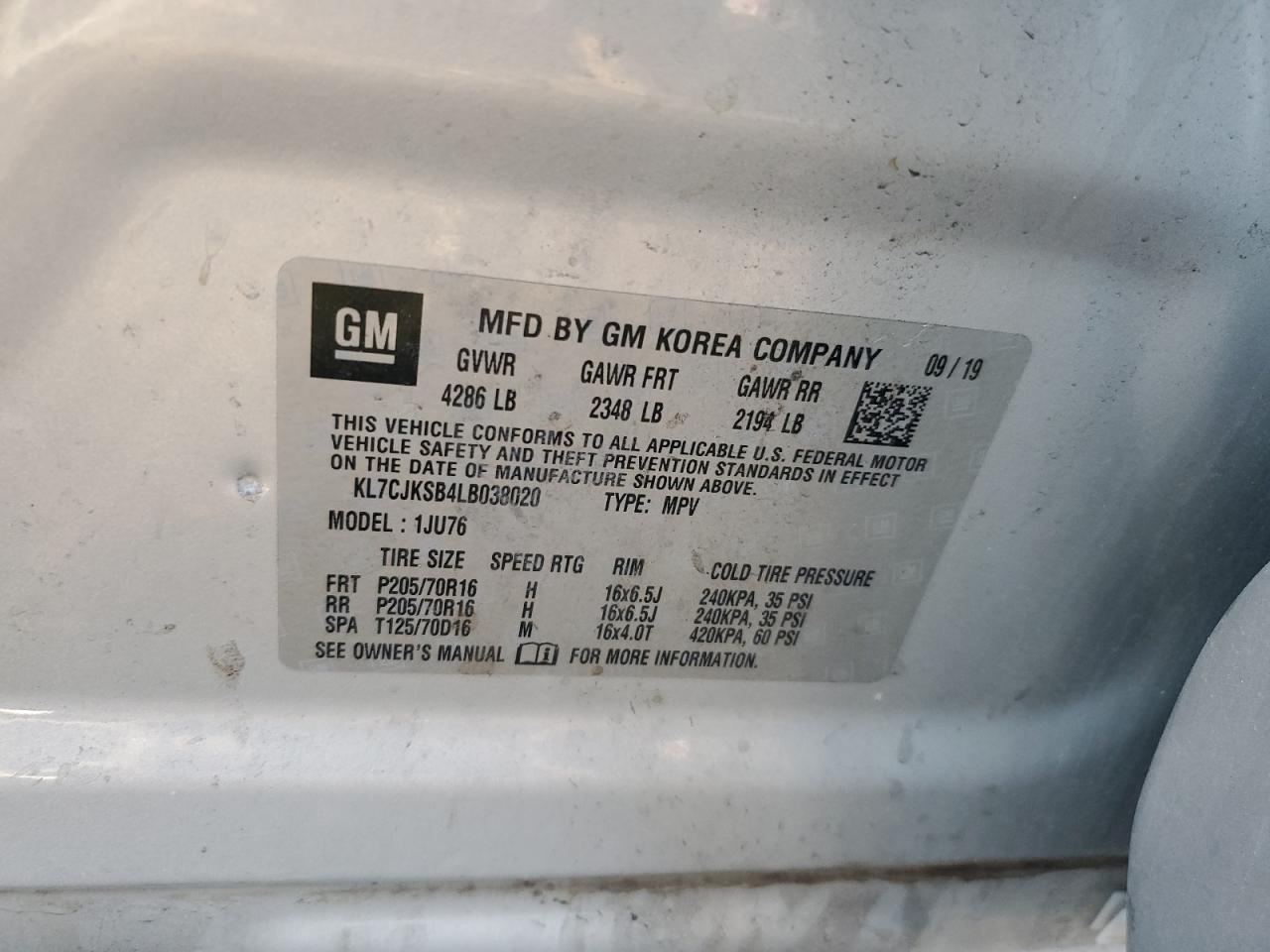 2020 Chevrolet Trax Ls VIN: KL7CJKSB4LB038020 Lot: 86479195