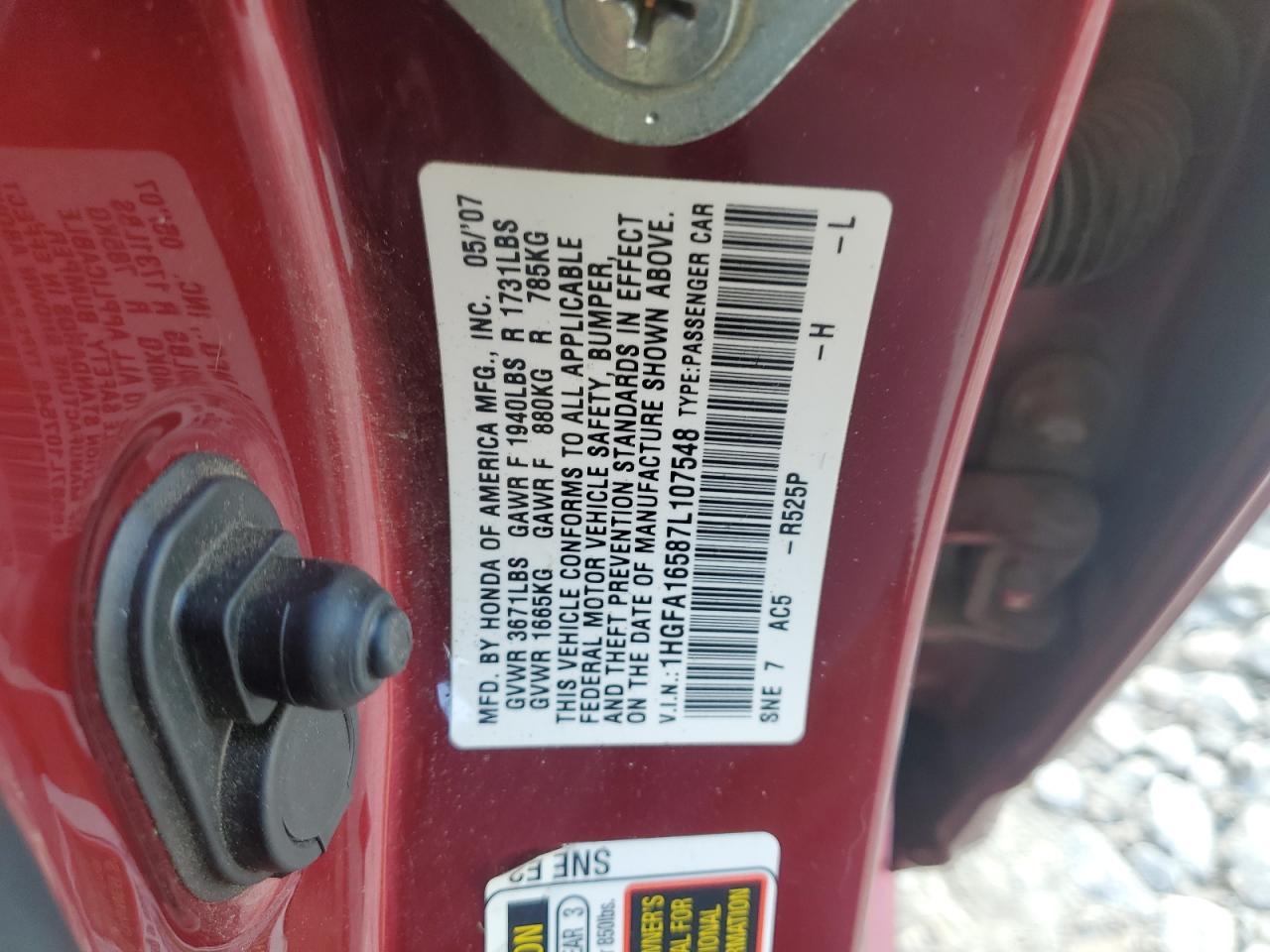 2007 Honda Civic Lx VIN: 1HGFA16587L107548 Lot: 90870405