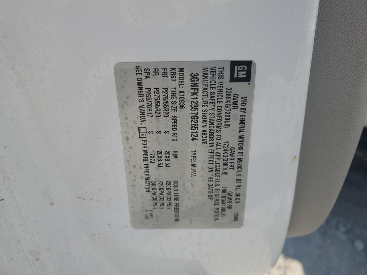 2007 Chevrolet Avalanche K1500 VIN: 3GNFK12357G265124 Lot: 81973175