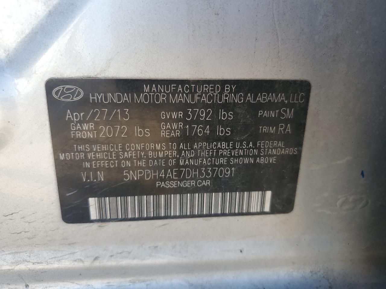 2013 Hyundai Elantra Gls VIN: 5NPDH4AE7DH337091 Lot: 85397755