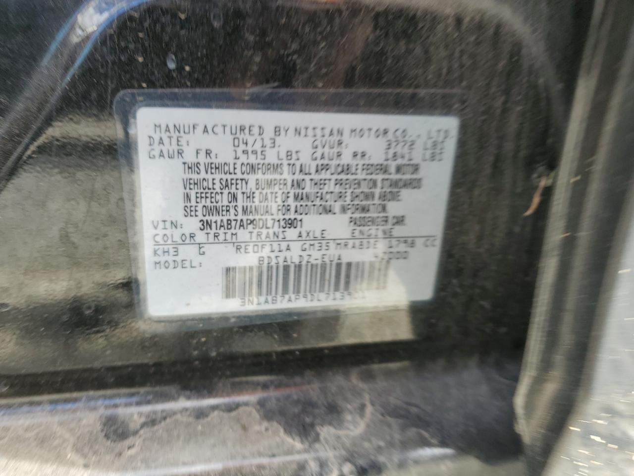 2013 Nissan Sentra S VIN: 3N1AB7AP9DL713901 Lot: 85929875