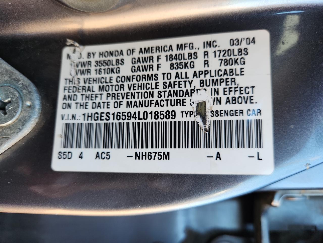 2004 Honda Civic Lx VIN: 1HGES16594L018589 Lot: 90413675