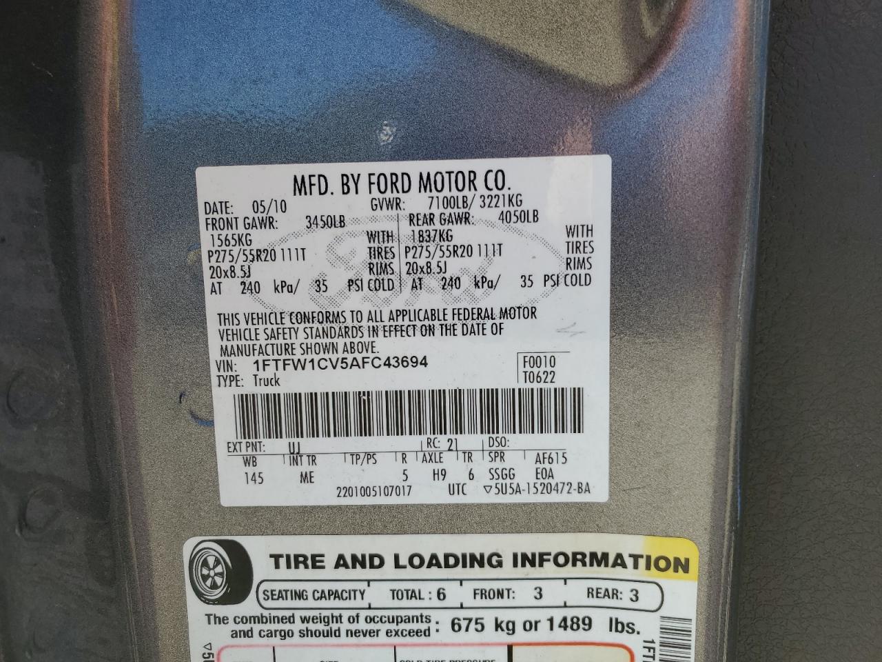 2010 Ford F150 Supercrew VIN: 1FTFW1CV5AFC43694 Lot: 85890165